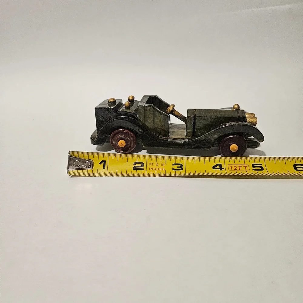 Vintage Style Handcrafted Wooden Roadster Model Car Dark Green Gold Accents